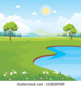 Beautiful Landscape Vector with lake, or sea view Illustration design, cute, lovely, adorable and scenery landscape design