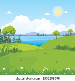 Beautiful Landscape Vector with lake, or sea view Illustration design, cute, lovely, adorable and scenery landscape design