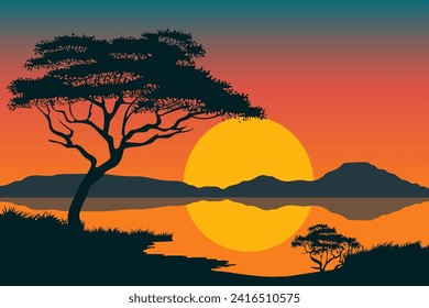 Beautiful landscape vector sunset over the lake, stunning silhouettes of trees on the background of the lake with reflections, mountains and sunset. Background for design.