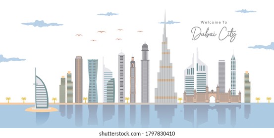 Beautiful landscape view of the Dubai Media City and Dubai Marina Skyline. Financial district and business area in smart urban city. United Arab Emirates, UAE. Vector design illustration