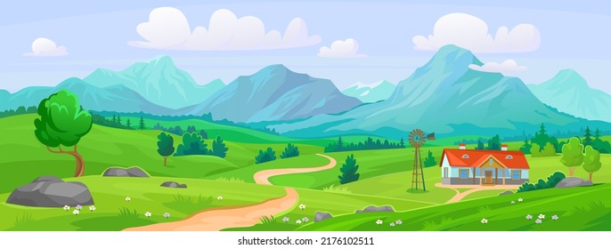 Beautiful landscape view of a green mountain valley in summer. Green fields and meadows, a road and a house with a windmill. Blue sky over rocky mountains. Cartoon style vector background.