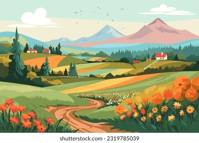 Schöne Landschaft Dorf Vektorgrafik. Atemberaubende Landschaft im rustikalen italienischen Stil. Herrliche Berge, Wiesen, Felder und eine schöne Dorfstraße. Schöne Landschaft zum Drucken.