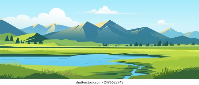 Beautiful landscape of a warm morning or day on the lake. An amazing lake with a green clearing of lush grass against the backdrop of magnificent mountains and forest. Panoramic landscape.