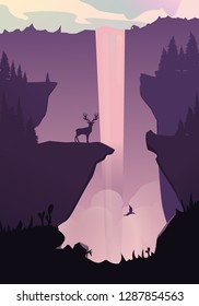Beautiful landscape with waterfall and deer. Vector illustration. Eps 10.