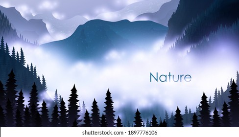 Beautiful landscape with white fog, mountains, dark blue forest, trees, pines, firs, sky and clouds. Vector illustration for postcard greeting card, banner, decor, design, arts.