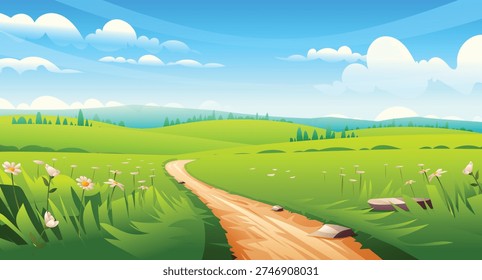 Beautiful landscape with a winding dirt path through green hills and daisy flowers. Vector cartoon illustration