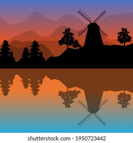 Hermoso paisaje con molino de viento, árboles, montañas y puesta de sol. Vista panorámica del fiordo en el crepúsculo con reflejo en el agua al amanecer.Silhouette del molino de viento cerca del canal.Ilustración vectorial de stock