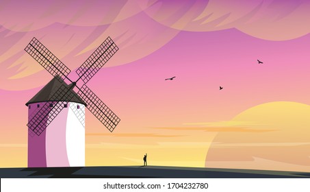Beautiful landscape with a windmill, vector illustration.