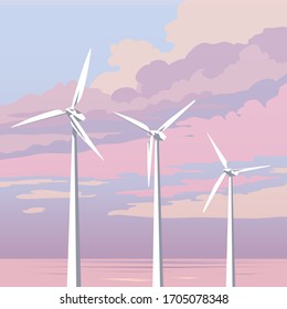 Beautiful landscape with windmills.Vector image of an alternative energy resource.