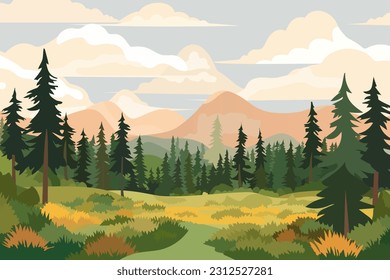 Beautiful landscape. Wonderful landscape of a glade of a mountain forest. The concept of travel, hiking, outdoor activities and adventure. Landscape for flyer, postcard, nature design