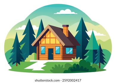 Beautiful Landscape of a Wooden House in the Forest – Serene Nature Print