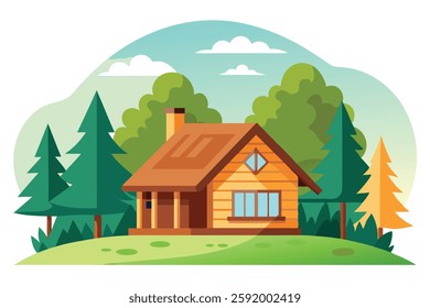 Beautiful Landscape of a Wooden House in the Forest – Serene Nature Print