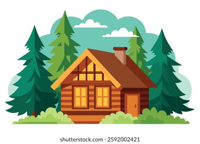 Beautiful Landscape of a Wooden House in the Forest – Serene Nature Print