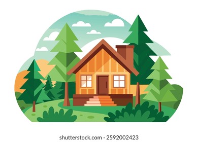 Beautiful Landscape of a Wooden House in the Forest – Serene Nature Print