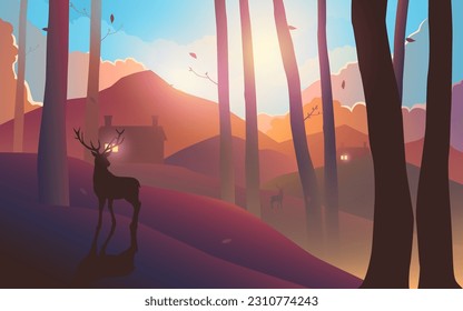 Beautiful landscape of woods on hills during sunset or sunrise, vector illustration