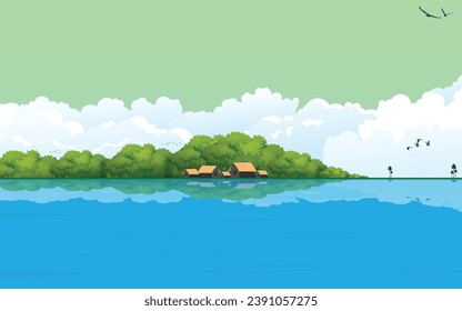 Beautiful Landscapic scene rural river horizontal view background
