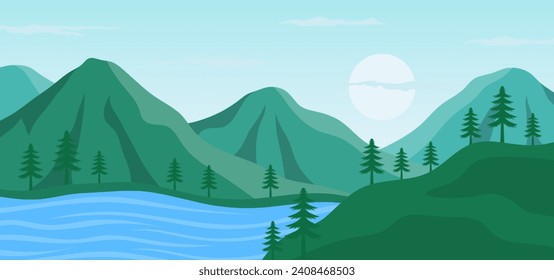 Beautiful lanscape with green valley, river and mountains
