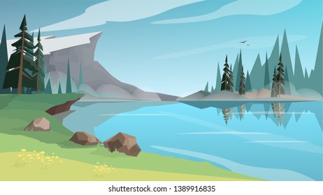 Beautiful lanscape with a pond, river or lake. Nature with a green grass and blue sky. Idyllic wood scenery. Vector illustration in cartoon style