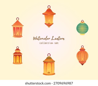 Beautiful lantern in various shape and color doodle watercolor collection set. Illustration of lantern for greeting card, design, graphic element, background