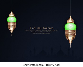 Beautiful Lanterns, mosque with text Eid Mubarak template design. Muslim community festival celebrations.