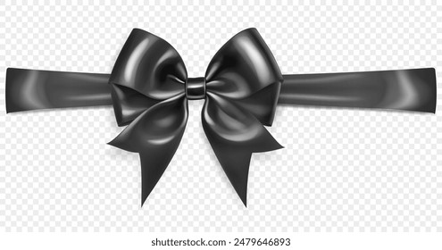 Beautiful large black bow with horizontal ribbon and soft shadow on transparent background. Vector illustration for design projects and creative works.