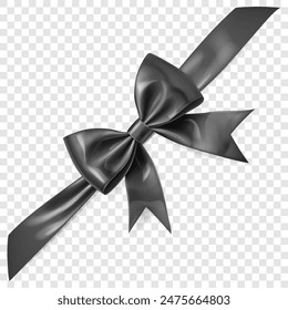 Beautiful large black shiny bow with diagonal ribbon and soft shadow on transparent background. Vector illustration for design projects and creative works.