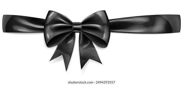 Beautiful large black shiny bow with horizontal ribbon and soft shadow on white background.