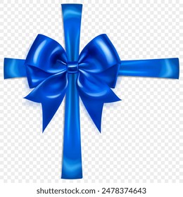 Beautiful large blue bow with crosswise ribbons and soft shadow on transparent background. Vector illustration for design projects and creative works.