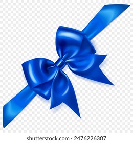 Beautiful large blue bow with diagonal ribbon and soft shadow on transparent background. Vector illustration for design projects and creative works.