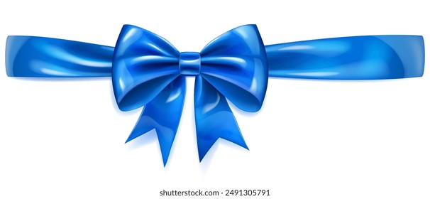 Beautiful large blue shiny bow with horizontal ribbon and soft shadow on white background.