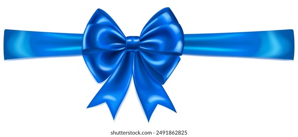 Hermoso arco brillante azul Grande con cinta Horizontal y sombra suave sobre fondo blanco.