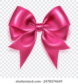 Beautiful large bow made of pink ribbon with soft shadow on transparent background. Vector illustration for design projects and creative works.