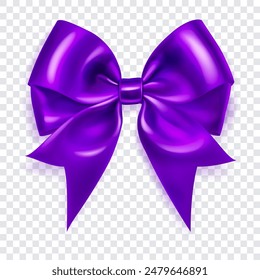 Beautiful large bow made of purple ribbon with soft shadow on transparent background. Vector illustration for design projects and creative works.