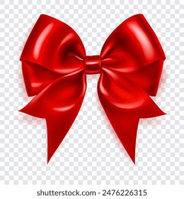 Beautiful large bow made of red ribbon with soft shadow on transparent background. Vector illustration for design projects and creative works.