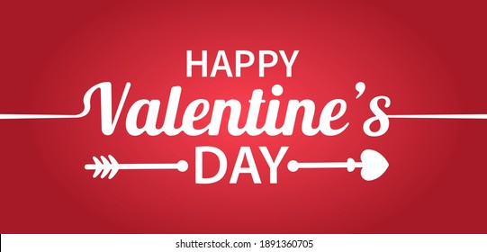 Beautiful large calligraphic inscription "Happy Valentine's Day". Cupid's arrow and a line that turns into a word. Red background. Can be used on a website, in a web banner or on a postcard.