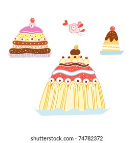 Beautiful large delicious cakes and kettle of fish with heart vector illustration
