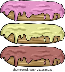 Beautiful large eclairs with different fillings and multicolored fruit glaze, vector illustration on a transparent background, design element