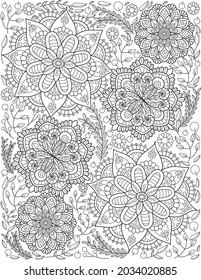 A Beautiful Large Flower Pattern Drawing Growing Slow Surrounded By Delightfully Leaves. Pretty Flowering Plant Line Drawing Ringe Gradually With Big Magnificently Petals.