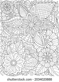 A Beautiful Large Flower Pattern Drawing Growing Slow Surrounded By Delightfully Leaves. Pretty Flowering Plant Line Drawing Ringe Gradually With Big Magnificently Petals.