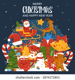 A beautiful large illustration with lively New Year attributes. Gift, santa and deer, hat, sweaters, bells, gingerbread man, bag of gifts, snowman, tree, cup of coffee, etc. Concept of a banner.