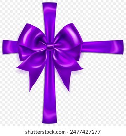 Beautiful large purple bow with crosswise ribbons and soft shadow on transparent background. Vector illustration for design projects and creative works.