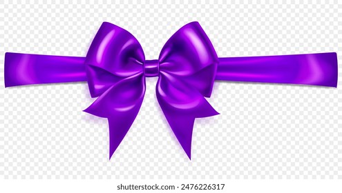 Beautiful large purple bow with horizontal ribbon and soft shadow on transparent background. Vector illustration for design projects and creative works.