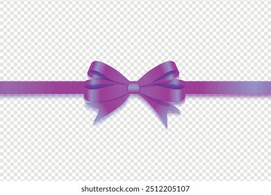 Beautiful large purple bow with horizontal ribbon and soft shadow on transparent background. Vector illustration for design projects and creative works.
