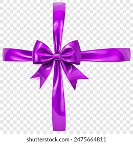Beautiful large purple shiny bow with crosswise ribbons and soft shadow on transparent background. Vector illustration for design projects and creative works.