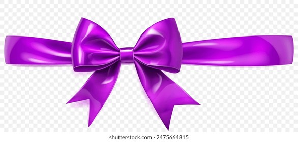 Beautiful large purple shiny bow with horizontal ribbon and soft shadow on transparent background. Vector illustration for design projects and creative works.