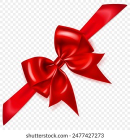 Beautiful large red bow with diagonal ribbon and soft shadow on transparent background. Vector illustration for design projects and creative works.