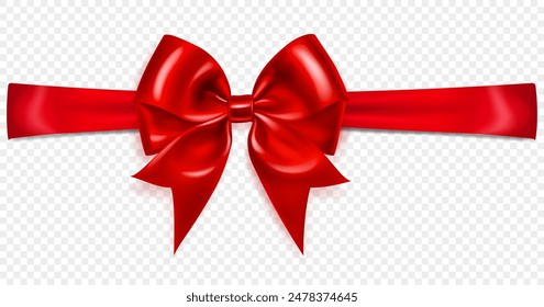 Beautiful large red bow with horizontal ribbon and soft shadow on transparent background. Vector illustration for design projects and creative works.