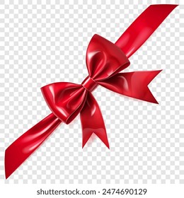 Beautiful large red shiny bow with diagonal ribbon and soft shadow on transparent background. Vector illustration for design projects and creative works.