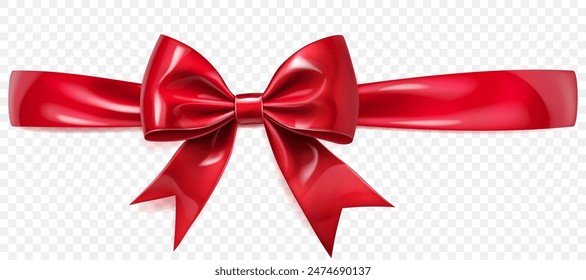 Beautiful large red shiny bow with horizontal ribbon and soft shadow on transparent background. Vector illustration for design projects and creative works.