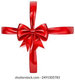 Beautiful large red shiny bow with crosswise ribbons and soft shadow on white background.